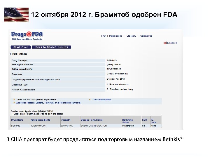 12 октября 2012 г. Брамитоб одобрен FDA В США препарат будет продвигаться под торговым