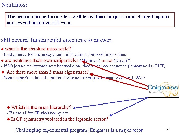 Neutrinos: The neutrino properties are less well tested than for quarks and charged leptons