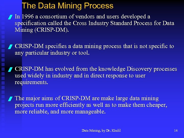 The Data Mining Process / In 1996 a consortium of vendors and users developed