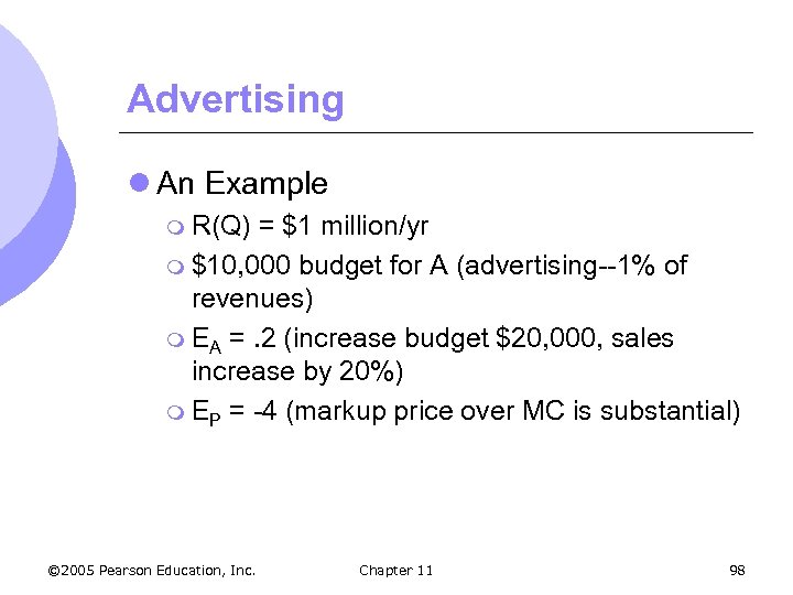 Advertising l An Example m R(Q) = $1 million/yr m $10, 000 budget for