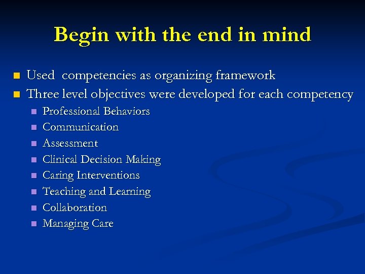 Begin with the end in mind n n Used competencies as organizing framework Three