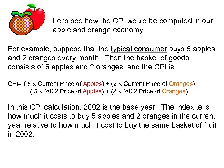 Let’s see how the CPI would be computed in our apple and orange economy.