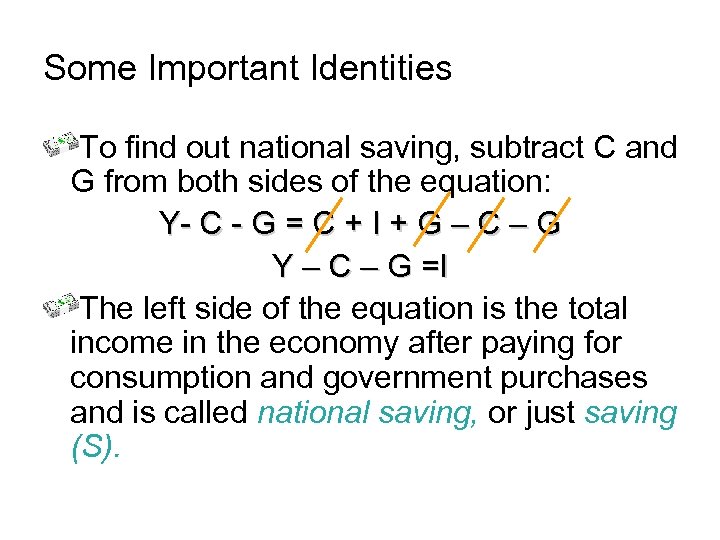 Some Important Identities To find out national saving, subtract C and G from both