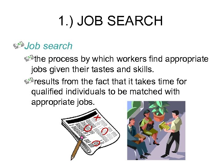 1. ) JOB SEARCH Job search the process by which workers find appropriate jobs