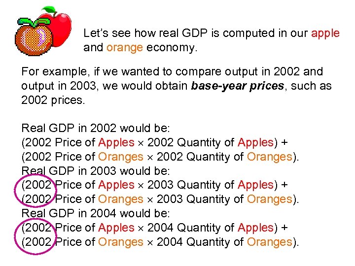 Let’s see how real GDP is computed in our apple and orange economy. For