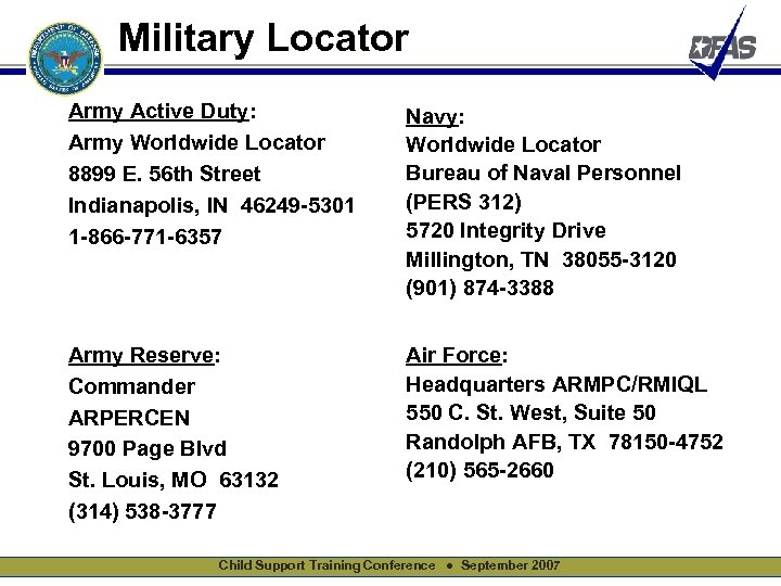 Military Locator Army Active Duty: Army Worldwide Locator 8899 E. 56 th Street Indianapolis,