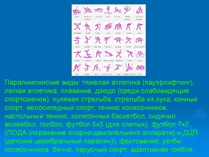 Паралимпийские виды: тяжелая атлетика (пауэрлифтинг), легкая атлетика, плавание, дзюдо (среди слабовидящие спортсменов), пулевая стрельба,