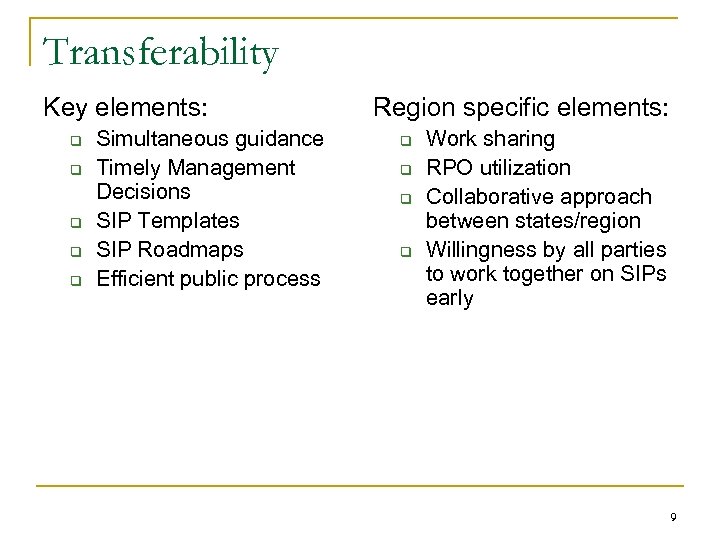 Transferability Key elements: q q q Simultaneous guidance Timely Management Decisions SIP Templates SIP