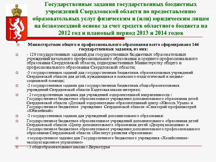 Государственные задания государственных бюджетных учреждений Свердловской области по предоставлению образовательных услуг физическим и (или)