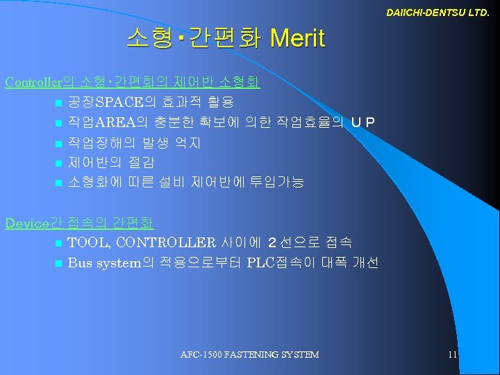 DAIICHI-DENTSU LTD. 소형・간편화 Merit Controller의 소형・간편화의 제어반 소형화 n 공장SPACE의 효과적 활용 n 작업AREA의