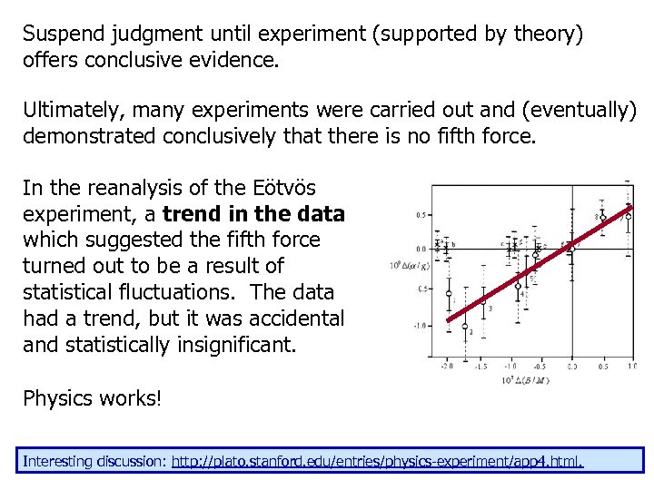 Suspend judgment until experiment (supported by theory) offers conclusive evidence. Ultimately, many experiments were