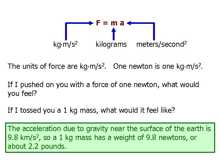 F=ma kg m/s 2 kilograms meters/second 2 The units of force are kg m/s