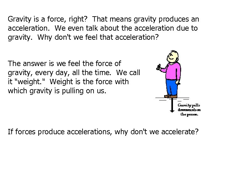 Gravity is a force, right? That means gravity produces an acceleration. We even talk