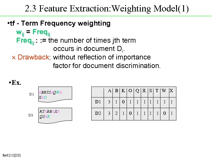 2. 3 Feature Extraction: Weighting Model(1) • tf - Term Frequency weighting wij =