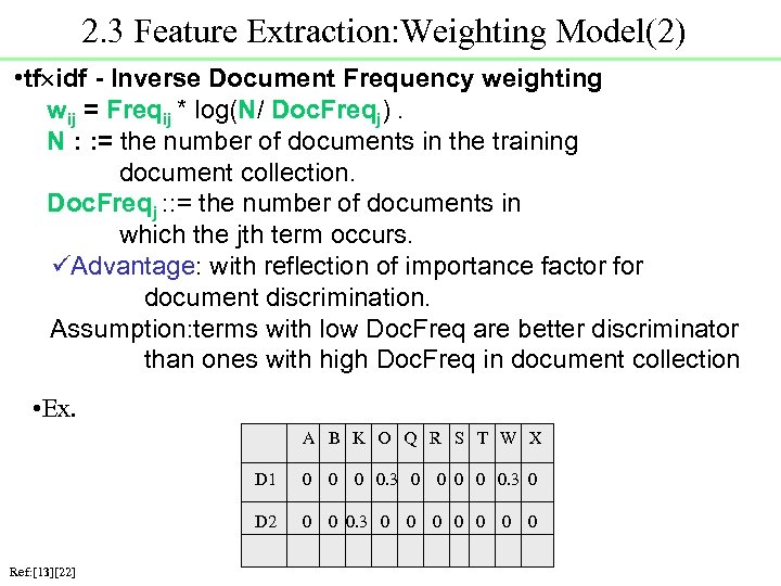 2. 3 Feature Extraction: Weighting Model(2) • tf idf - Inverse Document Frequency weighting