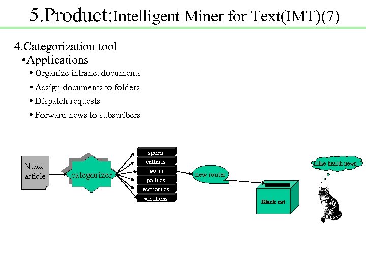 5. Product: Intelligent Miner for Text(IMT)(7) 4. Categorization tool • Applications • Organize intranet