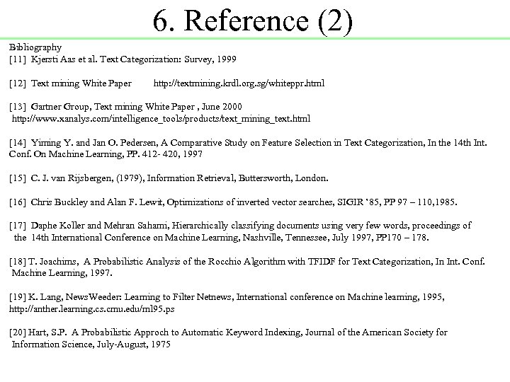 6. Reference (2) Bibliography [11] Kjersti Aas et al. Text Categorization: Survey, 1999 [12]