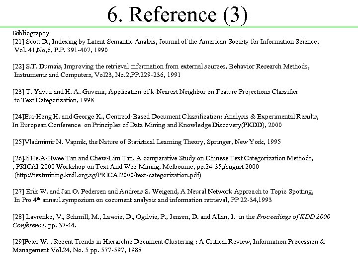 6. Reference (3) Bibliography [21] Scott D. , Indexing by Latent Semantic Analsis, Journal