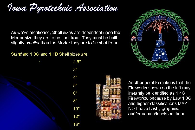 Iowa Pyrotechnic Association As we've mentioned, Shell sizes are dependent upon the Mortar size