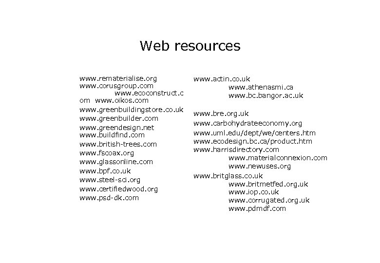 Web resources www. rematerialise. org www. corusgroup. com www. ecoconstruct. c om www. oikos.