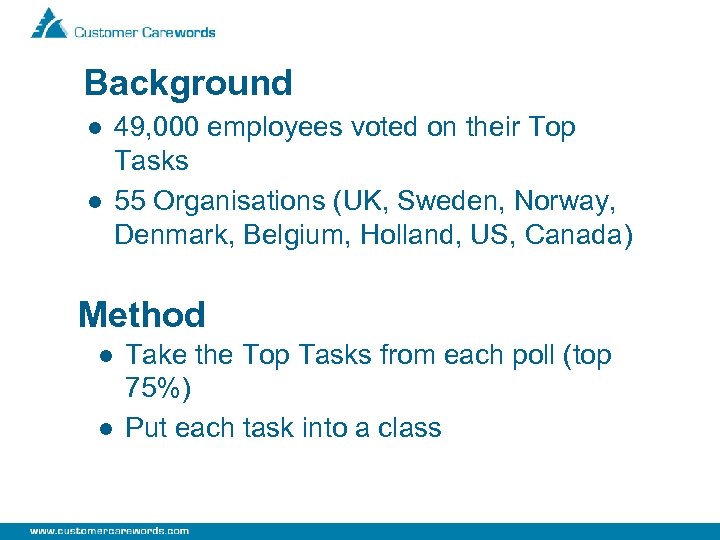 Background l l 49, 000 employees voted on their Top Tasks 55 Organisations (UK,