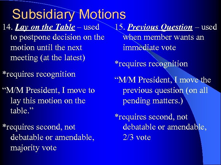 Subsidiary Motions 14. Lay on the Table – used to postpone decision on the