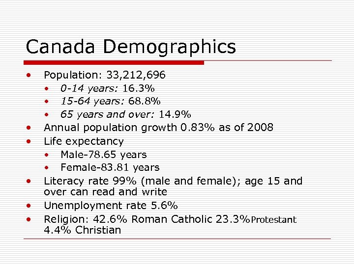 Canada Demographics • • • Population: 33, 212, 696 • 0 -14 years: 16.