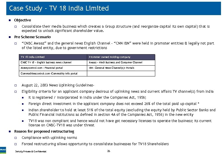 Case Study - TV 18 India Limited n Objective ¨ n Consolidate their media