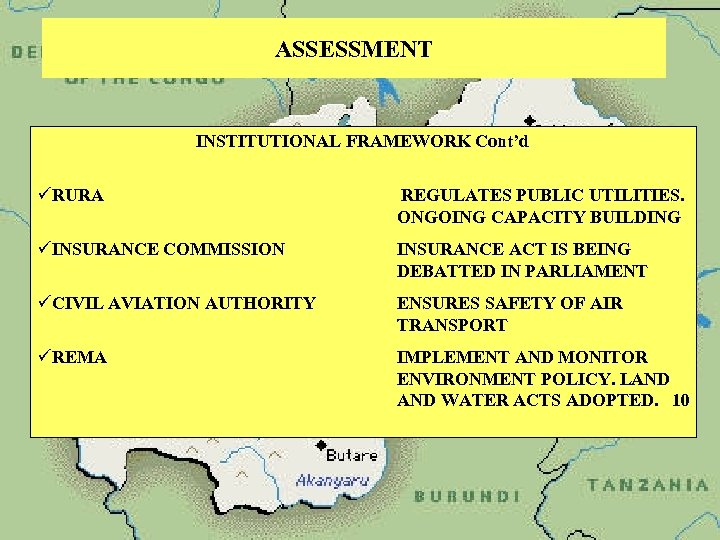 ASSESSMENT INSTITUTIONAL FRAMEWORK Cont’d üRURA REGULATES PUBLIC UTILITIES. ONGOING CAPACITY BUILDING üINSURANCE COMMISSION INSURANCE