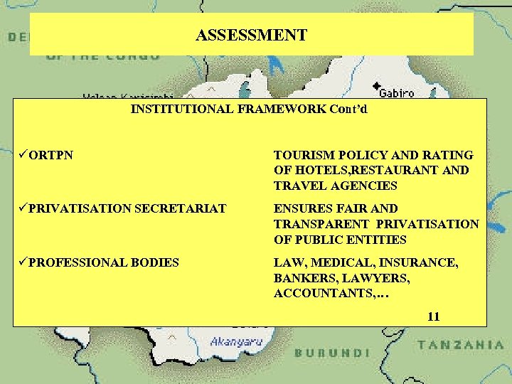 ASSESSMENT INSTITUTIONAL FRAMEWORK Cont’d üORTPN TOURISM POLICY AND RATING OF HOTELS, RESTAURANT AND TRAVEL