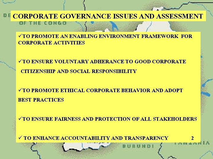 CORPORATE GOVERNANCE ISSUES AND ASSESSMENT üTO PROMOTE AN ENABLING ENVIRONMENT FRAMEWORK FOR CORPORATE ACTIVITIES