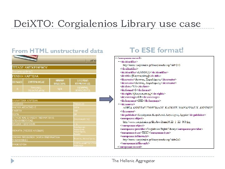 Dei. XTO: Corgialenios Library use case From HTML unstructured data To ESE format! The