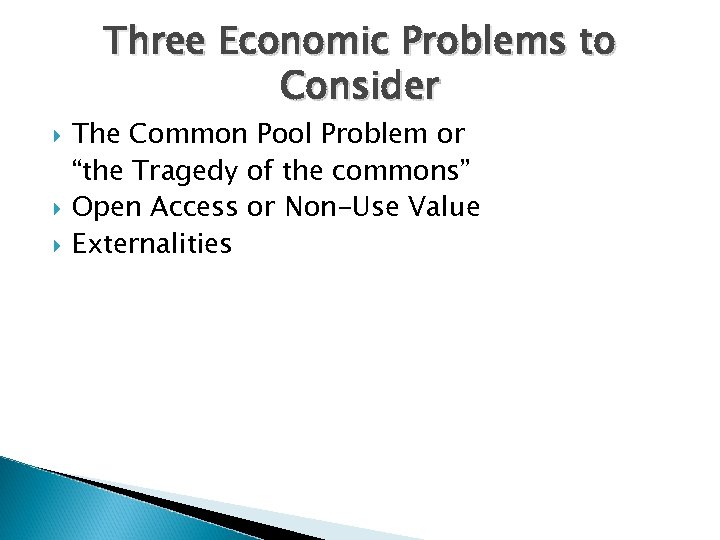 Three Economic Problems to Consider The Common Pool Problem or “the Tragedy of the