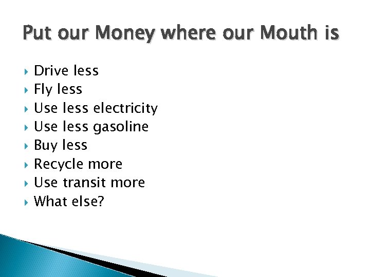 Put our Money where our Mouth is Drive less Fly less Use less electricity