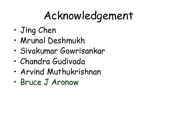 Acknowledgement • • • Jing Chen Mrunal Deshmukh Sivakumar Gowrisankar Chandra Gudivada Arvind Muthukrishnan