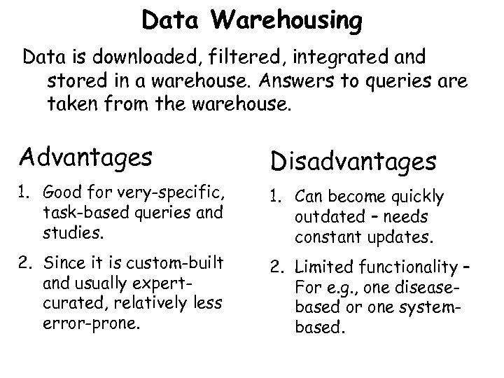 Data Warehousing Data is downloaded, filtered, integrated and stored in a warehouse. Answers to