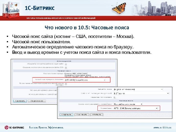 Что нового в 10. 5: Часовые пояса • • Часовой пояс сайта (хостинг –