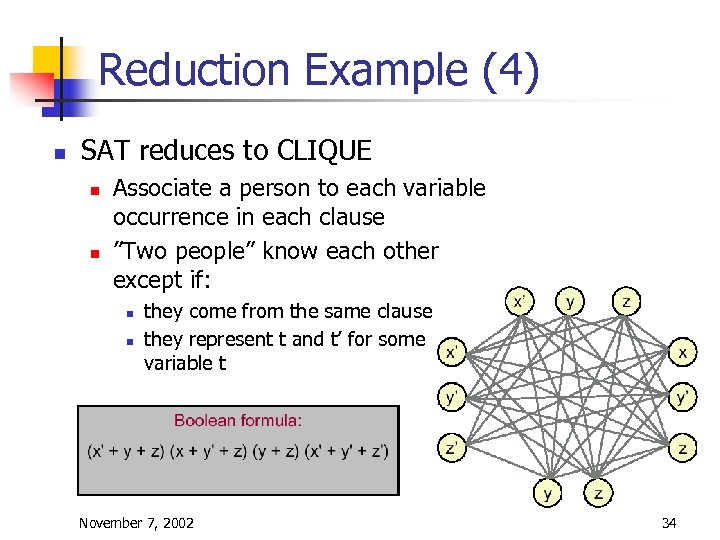 Reduction Example (4) n SAT reduces to CLIQUE n n Associate a person to