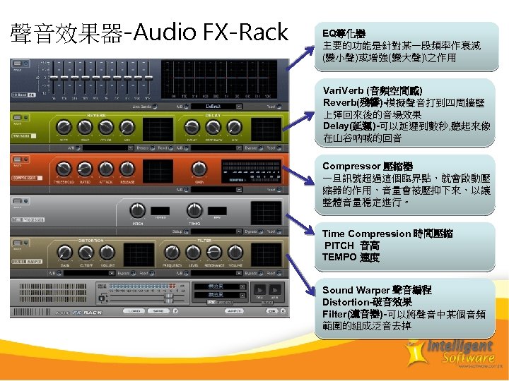 聲音效果器-Audio FX-Rack EQ等化器 主要的功能是針對某一段頻率作衰減 (變小聲)或增強(變大聲)之作用 Vari. Verb (音頻空間感) Reverb(殘響)-模擬聲音打到四周牆壁 上彈回來後的音場效果 Delay(延遲)-可以延遲到數秒, 聽起來像 在山谷吶喊的回音 Compressor