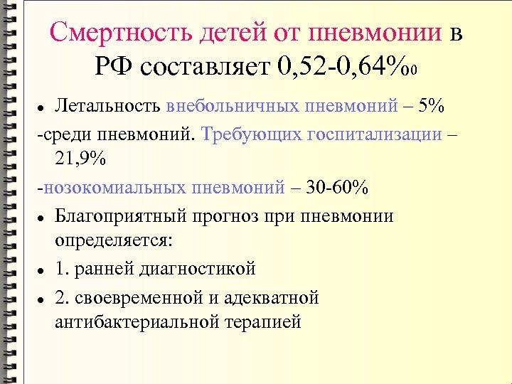 Смертность детей от пневмонии в РФ составляет 0, 52 -0, 64%0 Летальность внебольничных пневмоний