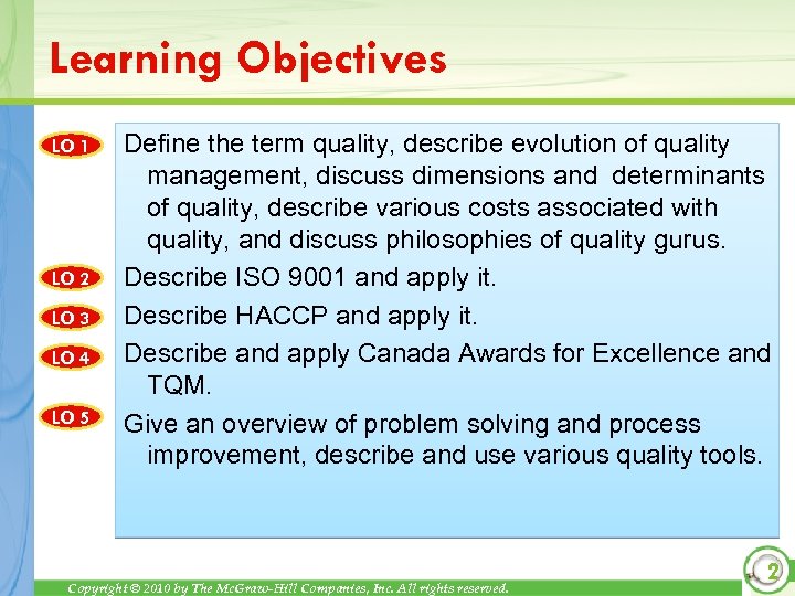 Learning Objectives LO 1 LO 2 LO 3 LO 4 LO 5 Define the