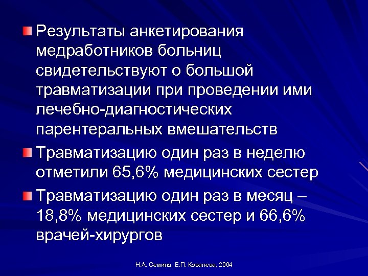Результаты анкетирования медработников больниц свидетельствуют о большой травматизации проведении ими лечебно-диагностических парентеральных вмешательств Травматизацию
