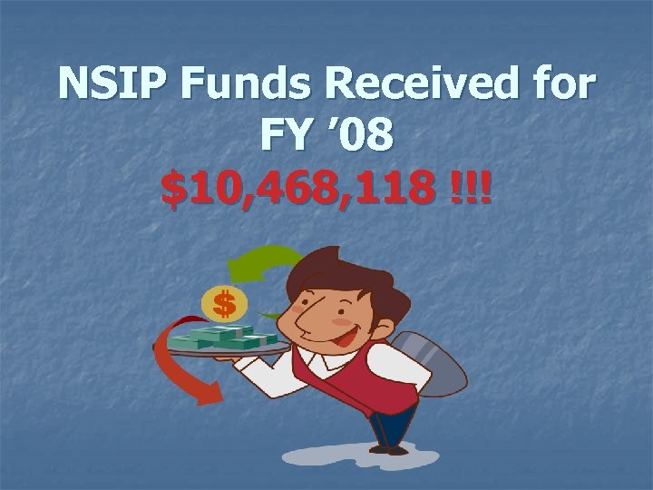 NSIP Funds Received for FY ’ 08 $10, 468, 118 !!! 