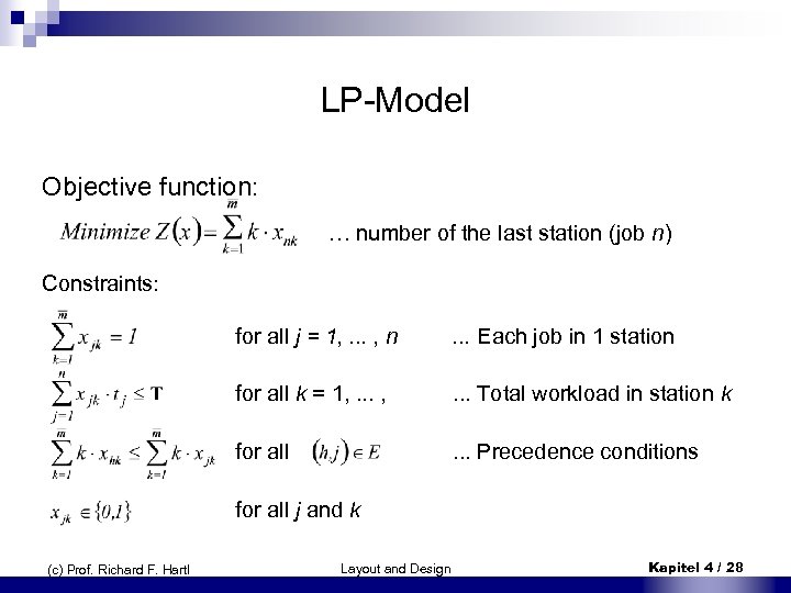 LP-Model Objective function: … number of the last station (job n) Constraints: for all