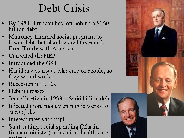 Debt Crisis • By 1984, Trudeau has left behind a $160 billion debt •