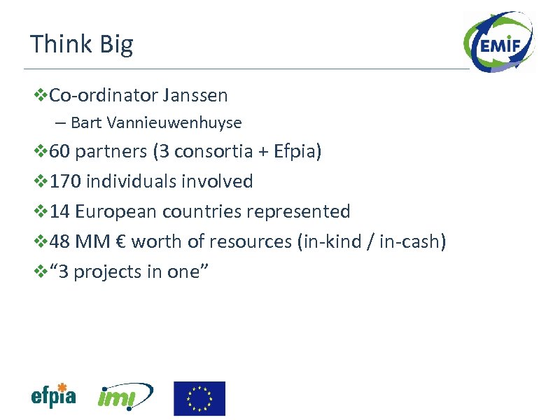 Think Big Co-ordinator Janssen – Bart Vannieuwenhuyse 60 partners (3 consortia + Efpia) 170