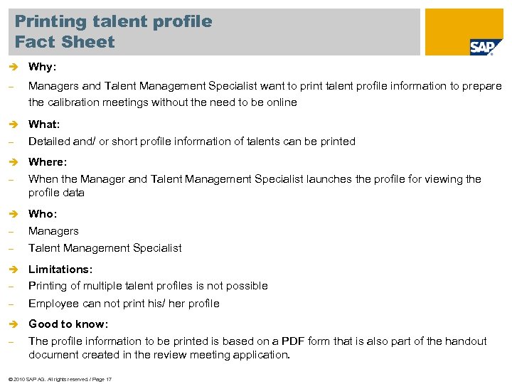 Printing talent profile Fact Sheet è Why: - Managers and Talent Management Specialist want