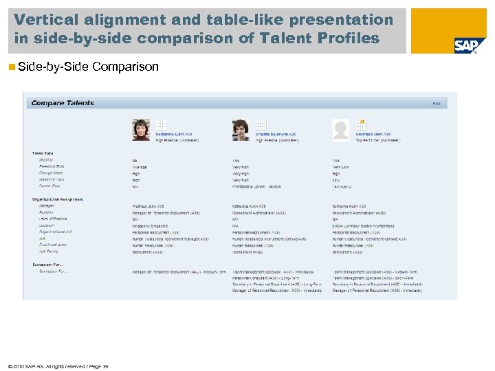 Vertical alignment and table-like presentation in side-by-side comparison of Talent Profiles n Side-by-Side Comparison