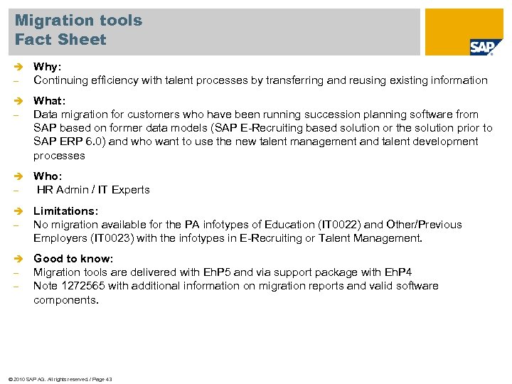 Migration tools Fact Sheet è - Why: Continuing efficiency with talent processes by transferring