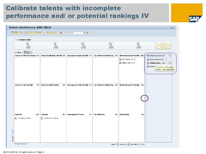 Calibrate talents with incomplete performance and/ or potential rankings IV © 2010 SAP AG.